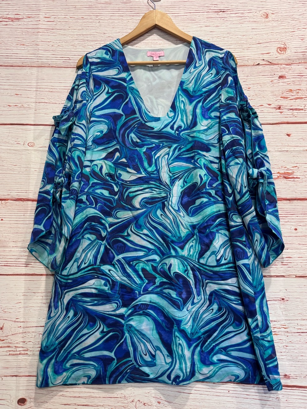 Lilly Pulitzer Avila Stretch Silk Dress in Ikat Blue Ocean Waves Sz M - Picture 5 of 13
